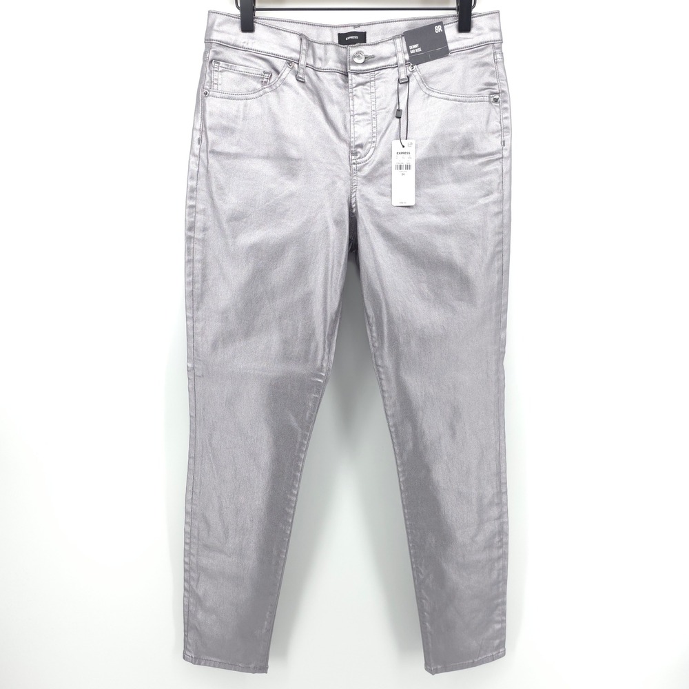 Express Skinny Mid Rise Pants Womens 8R Silver Metallic Coated Denim Jeans - NWT